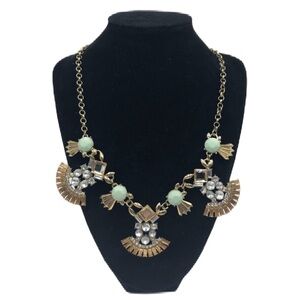 Gold Tone Statement Necklace with Cascading Fans of Clear and Brown Rhinestones